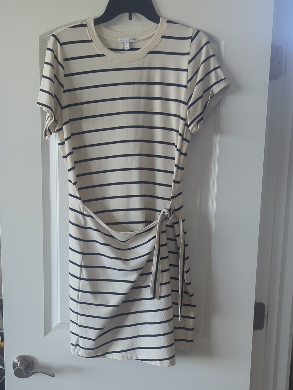 Threads 4 Thought Cream and Black Striped Tie-Waist Casual Dress.(L)